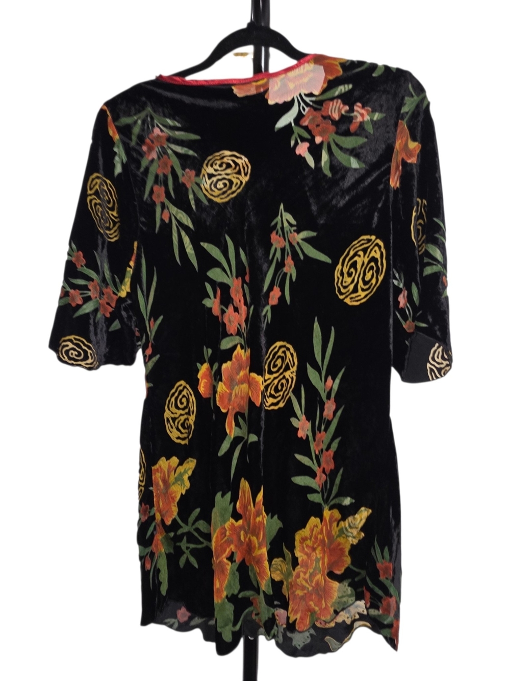 Zhen Cai Silk Velvet Burnout Floral Tunic Top Sz L Beaded Boho Artsy 3/4 Sleeves - Picture 4 of 10